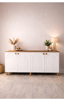 Modern Konsol Dolap 4 Mdf Kapaklı Lake Boyalı Suntalam Gövde Büfe Çok Amaçlı Salon Yemek Odası Konsolu Beyaz