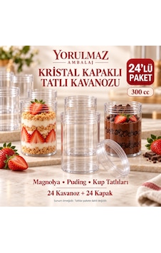 300 Cc Kapaklı Kristal Tatlı Kavanozu 24 Lü Şeffaf Magnolya, Puding Ve Kup Tatlı Sunum Kabı 300 Cc Kapaklı Kristal Tatlı Kavanozu 24 Lü Şeffaf Magnolya, Puding Ve Kup Tatlı Sunum Kabı