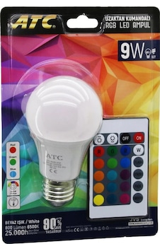 Atc-rgb-9w Kumandalı 9w 60w Rgb 16-renkli Led Ampul E27 800 Lümen 6500k 25.000 Saat Ömür Atc-rgb-9w Kumandalı 9w 60w Rgb 16-renkli Led Ampul E27 800 Lümen 6500k 25.000 Saat Ömür