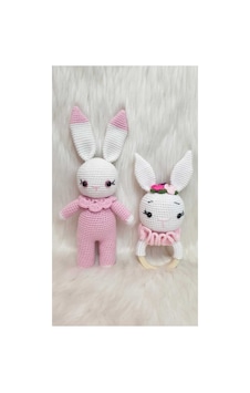 Amigurumi Organik Örgü Oyuncak Çıngırak Ve Tavşan Set Pembe