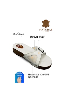 Sermoda Hakiki Deri Kadın Terlik - Halluks Valgus Destekli Jel Taban Kadın Terlik Beyaz