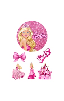 Yenilebilir Yuvarlak Pasta Ve Figür Resim Baskısı Şekerli Kağıt Barbie Temalı 02