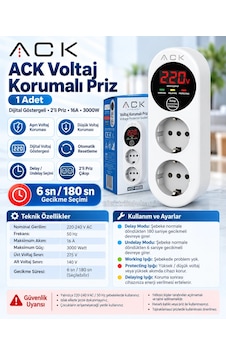 Ack İkili Ani Yüksek Akım + Voltaj Korumalı Priz Dijital Göstergeli 140v-280v Arası Standart