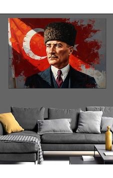 Bayrak Önünde Atatürk Portre Sanatı Dekoratif Kanvas - Mdf Ahşap Tablo