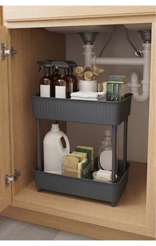 2 Katlı Plastik Düzenleyici Raf Füme Mutfak Dolap İçi Raf Banyo Rafı Masa Altı Organizer Çok Amaçlı Saklama Düzenleyici 30x17,5x40,5 Cm Gri Gri
