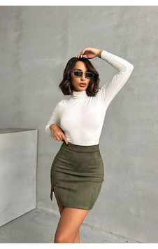 Verymoda Süet Mini Etek - F1573 Haki Verymoda Süet Mini Etek - F1573 Haki