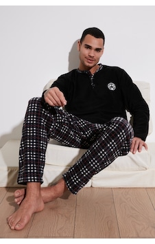 Buratti Regular Fit Bisiklet Yaka Kışlık Yumuşak Dokulu Polar Erkek Pijama Takımı 6096100 Siyah