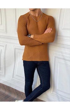 Modefendi Slim Fit Çelik Örme Açık Yaka Kazak Taba Modefendi Slim Fit Çelik Örme Açık Yaka Kazak Taba