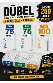 250adet Dubel Seti 6mm 7mm 8mm