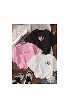 Ss Sinser Kız Çocuk 3'lü Paket Baskılı Love Kalpler Penye Tişört Pembe-siyah-beyaz Çok Renkli Ss Sinser Kız Çocuk 3'lü Paket Baskılı Love Kalpler Penye Tişört Pembe-siyah-beyaz Çok Renkli