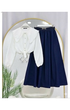 Lovie Moda Kadın Kot Etekli Takım - Lacivert Gri Lovie Moda Kadın Kot Etekli Takım - Lacivert Gri