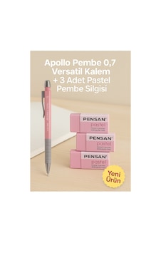 Apollo Beyaz 0.7 Versatil Kalem + 3 Adet Beyaz Silgi Pembe