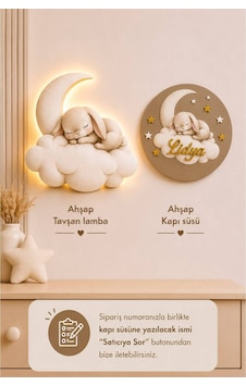 Ahşap İsme Özel Pilli Ledli Gece Lambası Ve Ahşap Kapı Süsü Seti Bebek Çocuk Odası Ekru