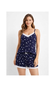 Tenra Kadın Lacivert Kalpli İp Askılı Şortlu Pijama Takımı Dantel Detaylı Tenra Kadın Lacivert Kalpli İp Askılı Şortlu Pijama Takımı Dantel Detaylı
