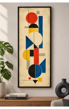 Bauhaus Geometrik Soyut Ahşap Tablo - Modernist Tasarım Siyah Çerçeveli 25x60 Cm Bauhaus Geometrik Soyut Ahşap Tablo - Modernist Tasarım Siyah Çerçeveli 25x60 Cm