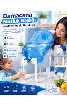 Mucit Home Damacana Musluk Başlığı Ve Metal Ayak Stand Seti Beyaz
