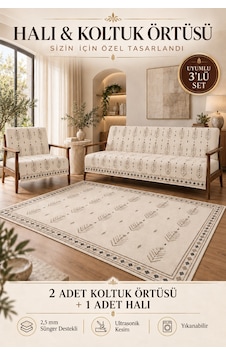 3 Lü Set 2 Adet 165x215 Cm Koltuk Örtüsü + 1 Adet 6m2 180x280 Cm Kaymaz Taban Dijital Baskılı Halı Bej 3 Lü Set 2 Adet 165x215 Cm Koltuk Örtüsü + 1 Adet 6m2 180x280 Cm Kaymaz Taban Dijital Baskılı Halı Bej