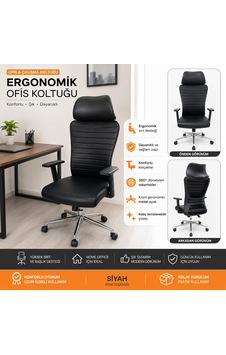 Siyah Ergonomik Ofis Çalışma Koltuğu Sırt Destekli, Hareketli Kolçaklı 2 Yıl Garantili