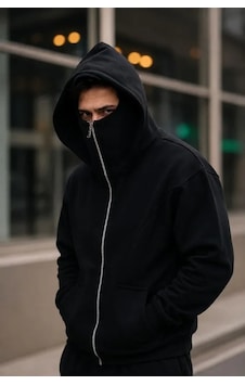 Erkek Siyah Maskeli Tam Fermuarlı Sweatshirt Yüzü Kapatan Kapşonlu Oversize Hırka Erkek Siyah Maskeli Tam Fermuarlı Sweatshirt Yüzü Kapatan Kapşonlu Oversize Hırka