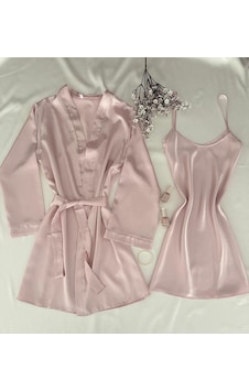 Mh Moony Homewears 2'li Pudra Saten Gecelik Sabahlık Seti Pudra Mh Moony Homewears 2'li Pudra Saten Gecelik Sabahlık Seti Pudra