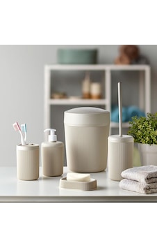 Banyo Seti, Çöp Kovası, Sıvı Sabunluk, Diş Fırçalık, Sabunluk Ve Tuvalet Fırçası, 5 Parça Krem Siyah Banyo Seti, Çöp Kovası, Sıvı Sabunluk, Diş Fırçalık, Sabunluk Ve Tuvalet Fırçası, 5 Parça Krem Siyah