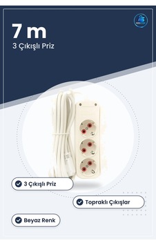 Düz Priz 7 M 3 Çıkışlı Topraklı Grup Uzatma Kablosu Beyaz Ev Ofis Düz Priz 7 M 3 Çıkışlı Topraklı Grup Uzatma Kablosu Beyaz Ev Ofis