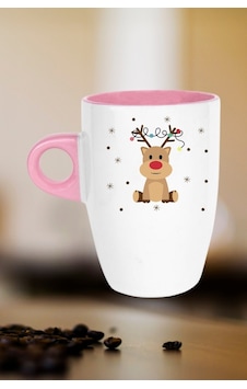 Yeni Yıl Geyik Kurabiye Baskılı Kupa Bardak Porselen Latte Filtre Kahve Fincanı Pembe