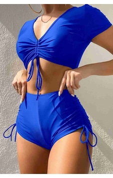 Angelsin Özel Tasarım Yarım Kol Büzgü Detaylı Bikini Üstü Mavi 001