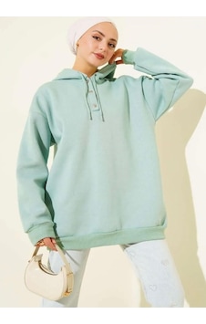 Lovie Moda Kadın Yarım Pat Düğmeli Sweatshirt Yeşil Lovie Moda Kadın Yarım Pat Düğmeli Sweatshirt Yeşil