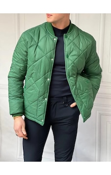 Modefendi Kolej Yaka Baklava Desen Ribana Detaylı %100 Boncuk Elyaf Bomber Mont Yeşil