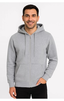 Lumiart Erkek Üç İplik Kapüşonlu Tam Fermuarlı Kanguru Çepli Sweatshirt H Gri