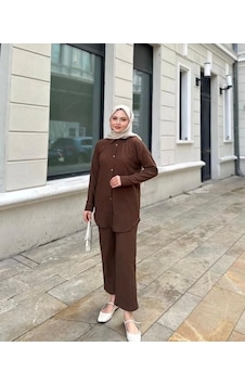 Lovie Moda Kadın İkili Bürümcük Takım Kahverengi