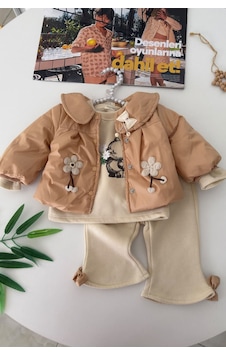 Minigimin Cicileri Çiçek Aplikeli Montlu Tavşan Baskılı Kız Bebek 3 Lü Takım - Camel Minigimin Cicileri Çiçek Aplikeli Montlu Tavşan Baskılı Kız Bebek 3 Lü Takım - Camel
