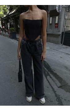 Defymoda Arkadan Yırtmaçlı Jeans Kot Palazzo Pantolon - Siyah Siyah Defymoda Arkadan Yırtmaçlı Jeans Kot Palazzo Pantolon - Siyah Siyah