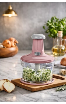 Büyük Paslanmaz Çelik Bıçaklı Karışık Renk Üsten Basmalı El Rondosu Blender Soğan Sebze Doğrayıcı Bej Bej