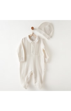 Bebek Tulum Takım Romper Hat Set Gentelman Ecru Bebek Tulum Takım Romper Hat Set Gentelman Ecru