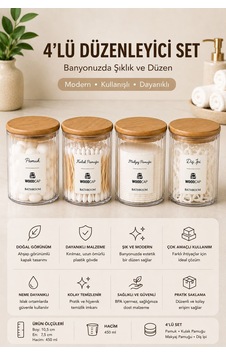 4 Lü Ahşap Kapaklı Akrilik Banyo Düzenleyici Seti Şeffaf