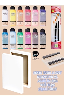 25x35 Tuval 2 Adet 12 Renk 140 Ml Akrilik Boya 4'lü Fırça Şişeli Palet 25x35 Tuval 2 Adet 12 Renk 140 Ml Akrilik Boya 4'lü Fırça Şişeli Palet