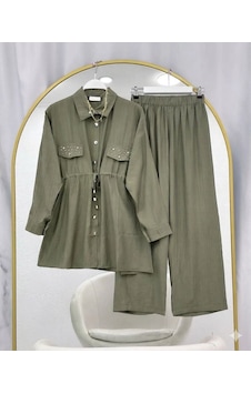 Lovie Moda Kapak Taşlı Jakar Pantolonlu İkili Takım Haki Lovie Moda Kapak Taşlı Jakar Pantolonlu İkili Takım Haki