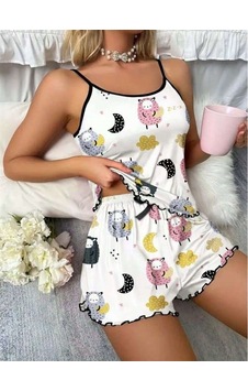 Red Womans Beyaz Üstüne Desenli İnce Askılı Şortlu Pijama Takımı Red Womans Beyaz Üstüne Desenli İnce Askılı Şortlu Pijama Takımı