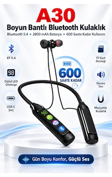 A30 600 Saat Pil Ömürlü Boyun Bantlı Kablosuz Bluetooth Kulaklık Kart Girişli Game Modlu