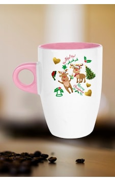 Yılbaşı Geyikli Kurabiye Baskılı Kupa Bardak Porselen Latte Filtre Kahve Fincanı Pembe