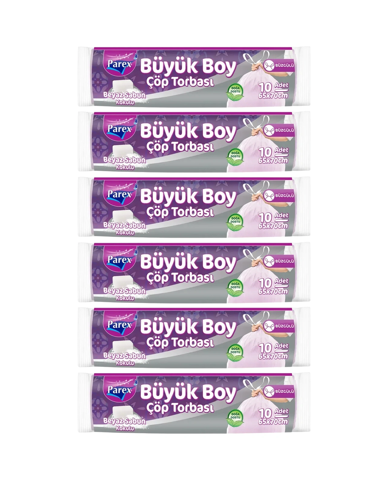 Büzgülü 10'lu Çöp Torbası Beyaz Sabun Kokulu Büyük Boy 65 X 70 Cm Altılı Paket Büzgülü 10'lu Çöp Torbası Beyaz Sabun Kokulu Büyük Boy 65 X 70 Cm Altılı Paket