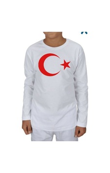 Dragora Unısex Çocuk Ay Yıldızlı Bayrak Baskılı Likralı Süper Compac Penye Badi Beyaz T-shirt Beyaz Beyaz