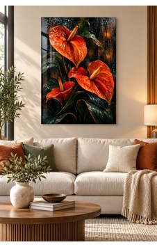 Ateş Turuncusu Anthurium Çiçekli Cam Tablo - Uv Baskı Dekoratif Duvar Tablosu Ateş Turuncusu Anthurium Çiçekli Cam Tablo - Uv Baskı Dekoratif Duvar Tablosu