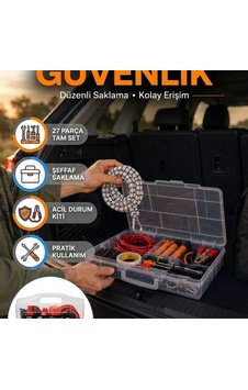27 Parça Araç Güvenlik Ve Bakım Ekipman Seti Şeffaf Taşıma Kutulu