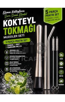 Paslanmaz Çelik Kokteyl Tokmağı Muddler Seti 5 Parça 1 Muddler, 2 Metal Pipet, 2 Temizleme Fırçası Mojito, Kokteyl, Bar Ve Kahve Ezici Krom Paslanmaz Çelik Kokteyl Tokmağı Muddler Seti 5 Parça 1 Muddler, 2 Metal Pipet, 2 Temizleme Fırçası Mojito, Kokteyl, Bar Ve Kahve Ezici Krom