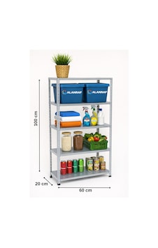 5 Katlı Galvaniz Çelik Raf - Depo, Arşiv, Kiler, Dosya, Market Rafı 20x60x100 Cm Gri