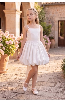 Butik Happy Kids Kız Çocuk Abiye Beyaz Monoray Parlak Kumaş Balon Etekli Askılı Fiyonklu Abiye Elbise 9-12 Yaş Doğum Günü Düğün Davet Elbisesi
