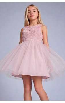 Esila Kids Kız Çocuk 3d Çiçek Detaylı Tüllü Abiye Elbise Özel Gün Ve Doğum Günü Elbisesi GÜL KURUSU